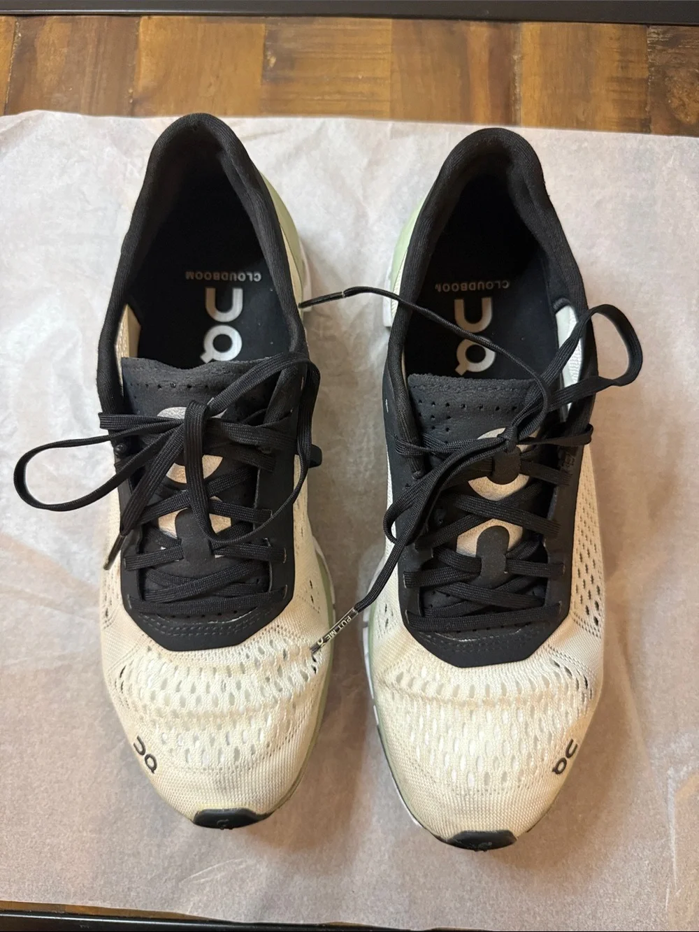 On Running Women's Cloudboom Running Shoes in White, Black and Light Green